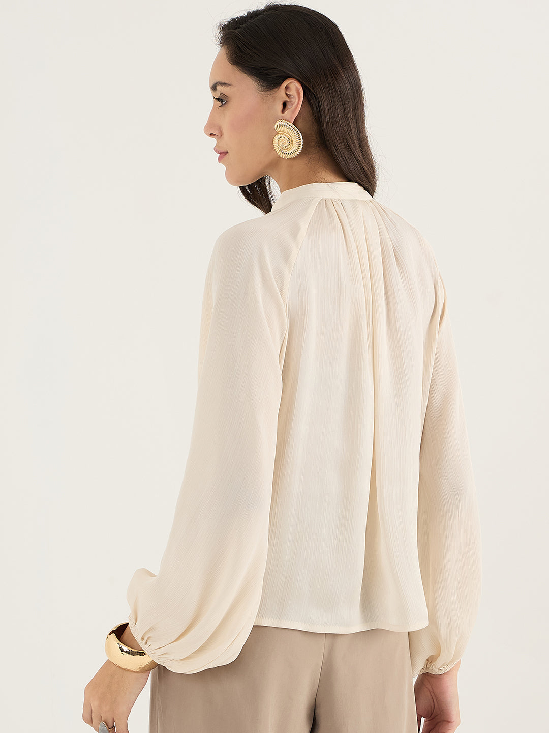 Beige Satin Crepe V-Neck Top