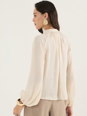 Beige Satin Crepe V-Neck Top