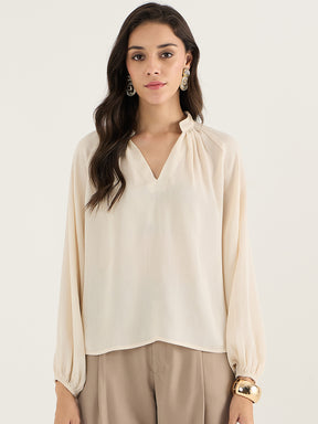 Beige Satin Crepe V-Neck Top