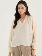 Beige Satin Crepe V-Neck Top