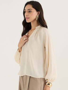 Beige Satin Crepe V-Neck Top