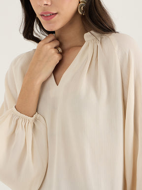 Beige Satin Crepe V-Neck Top