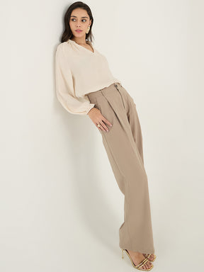 Beige Satin Crepe V-Neck Top