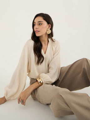 Beige Satin Crepe V-Neck Top