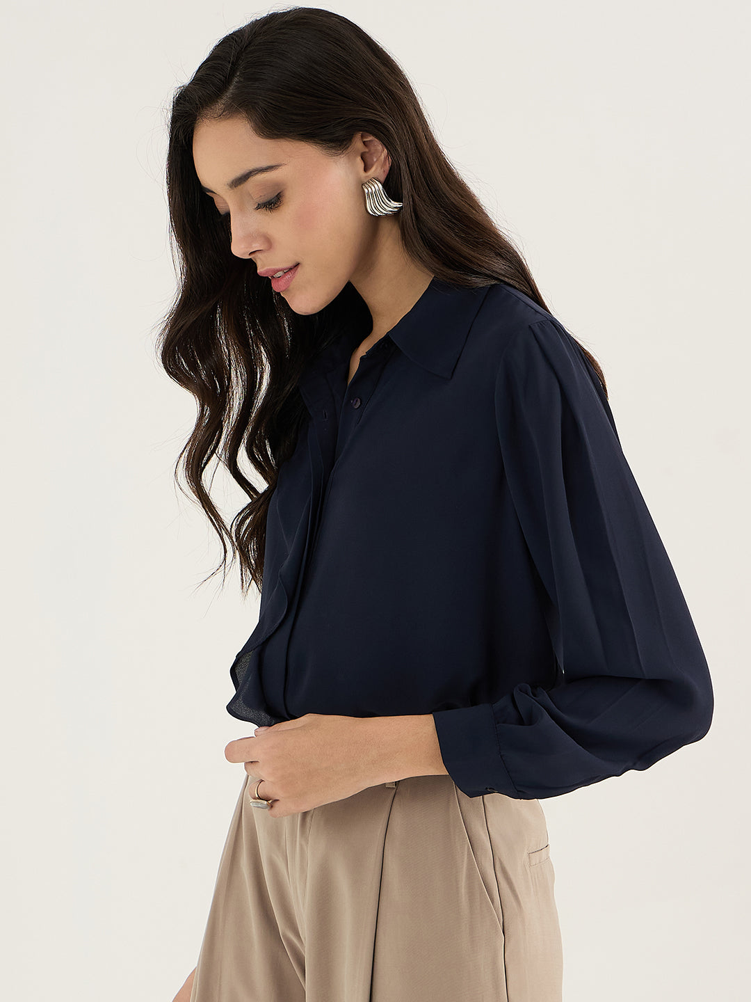 Navy Cascade Detail Georgette Top