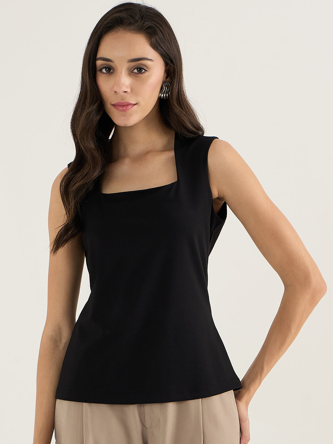 Black Square Neck Sleeveless Top