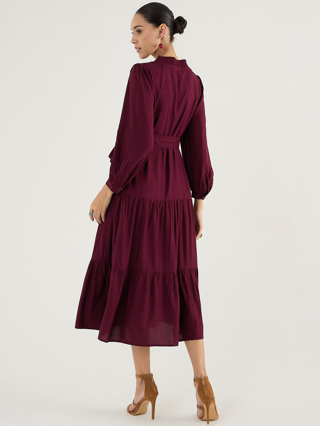 Wine Smocking Detailed Tiered Maxi Dress