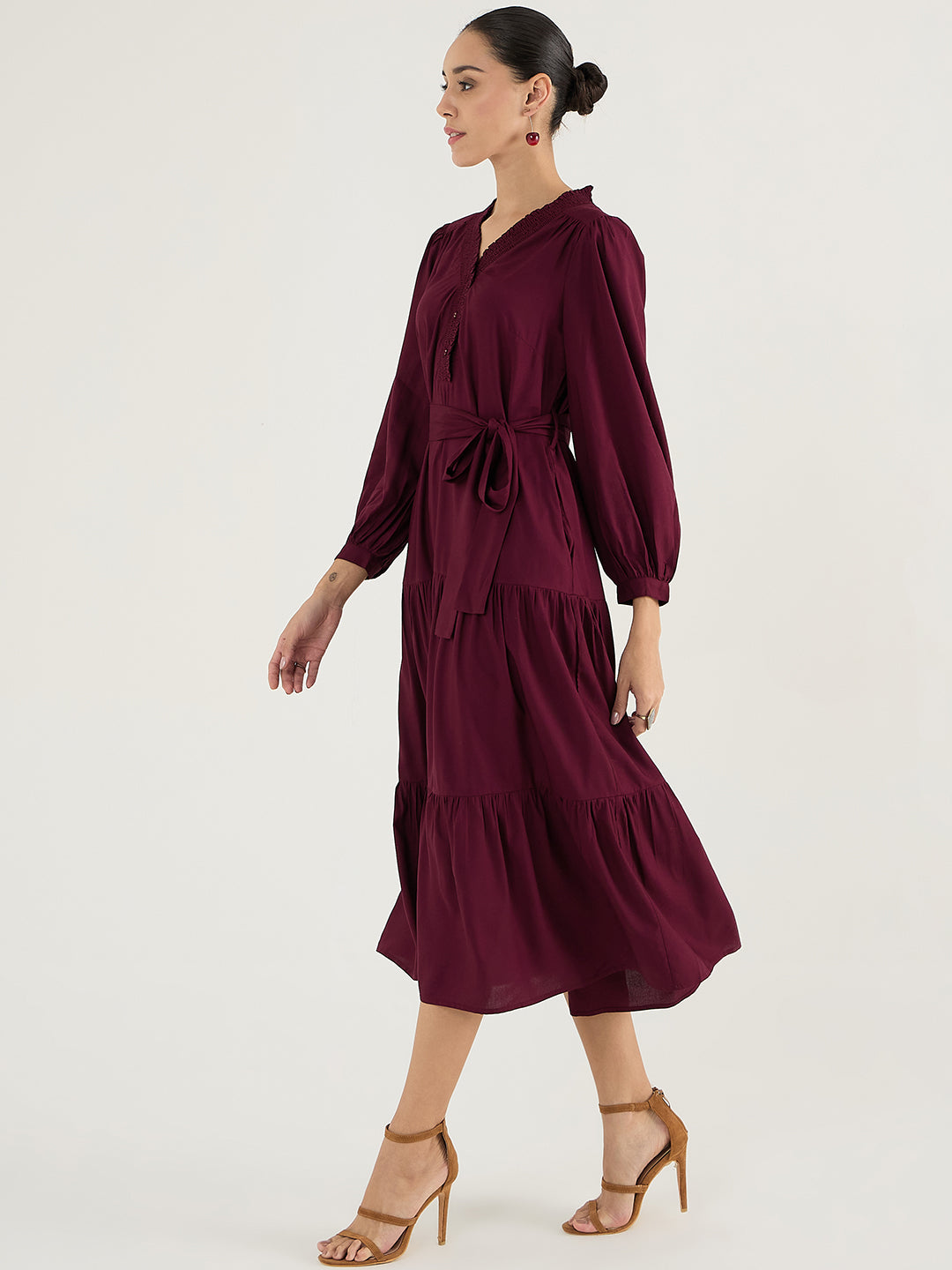 Wine Smocking Detailed Tiered Maxi Dress