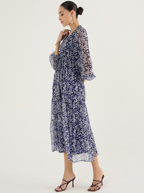 Blue Floral Print Tiered Maxi Dress