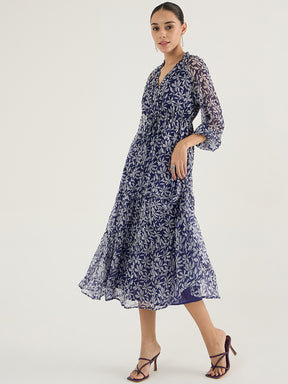 Blue Floral Print Tiered Maxi Dress