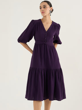 Deep Purple Cotton Knot Detail Midi Dress