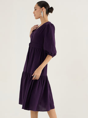 Deep Purple Cotton Knot Detail Midi Dress