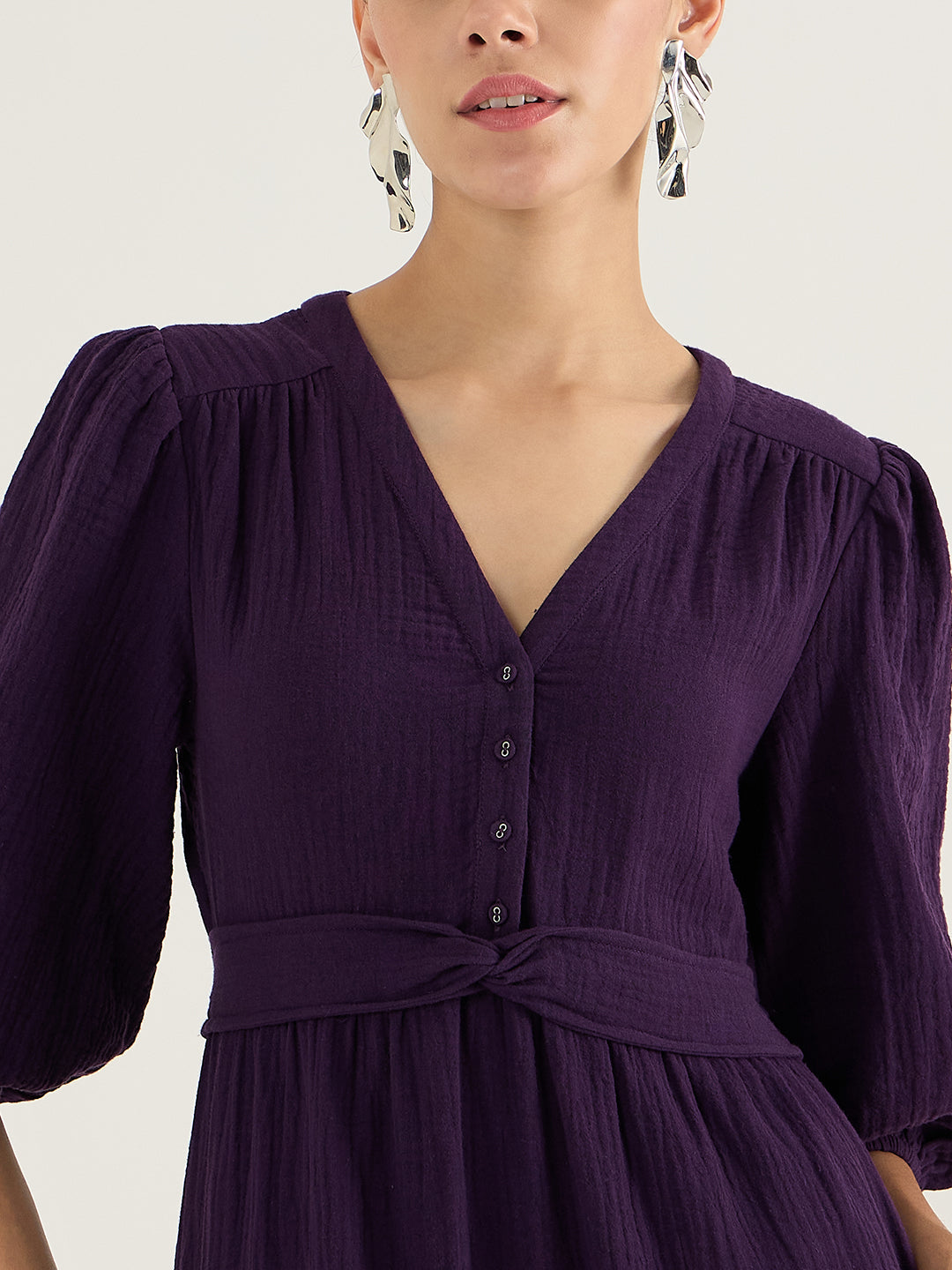 Deep Purple Cotton Knot Detail Midi Dress