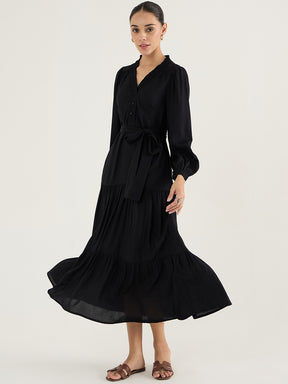 Black Smocking Detailed Tiered Maxi Dress