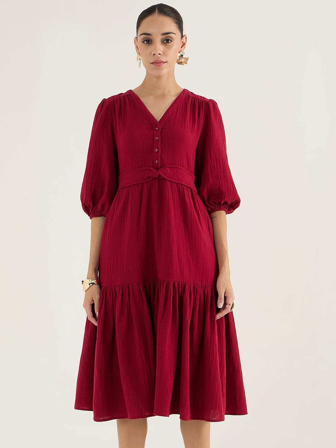 Cranberry Red Cotton Knot Detail Midi Dress