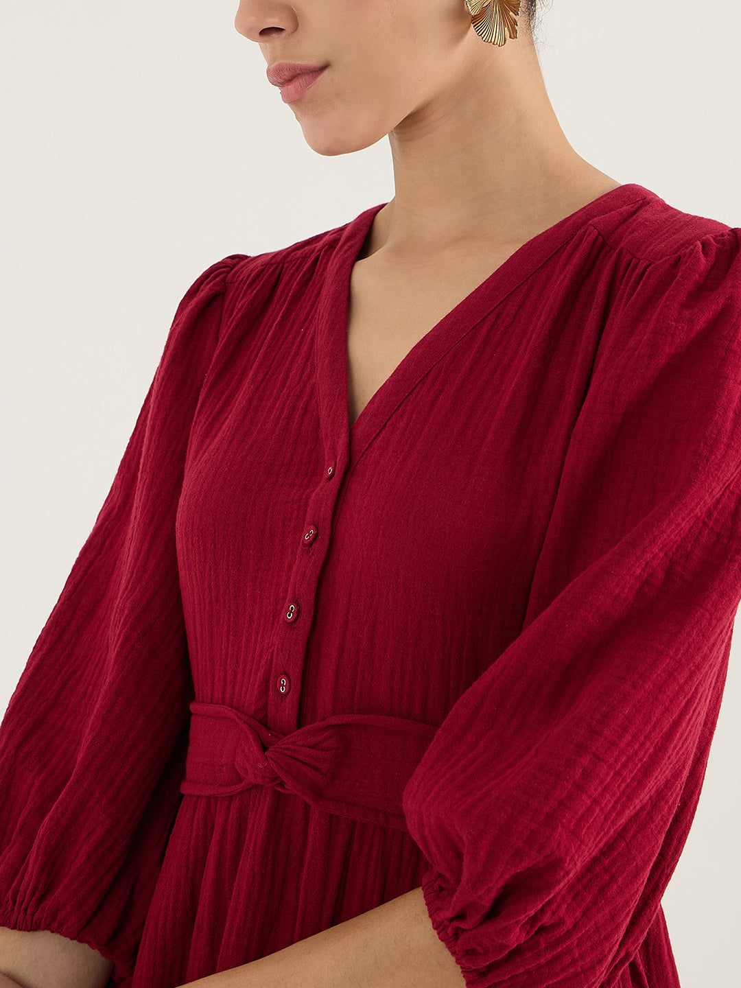 Cranberry Red Cotton Knot Detail Midi Dress