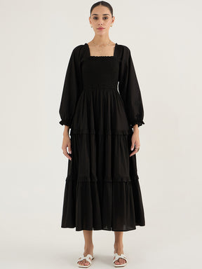 Black Cotton Smocked Maxi Dress