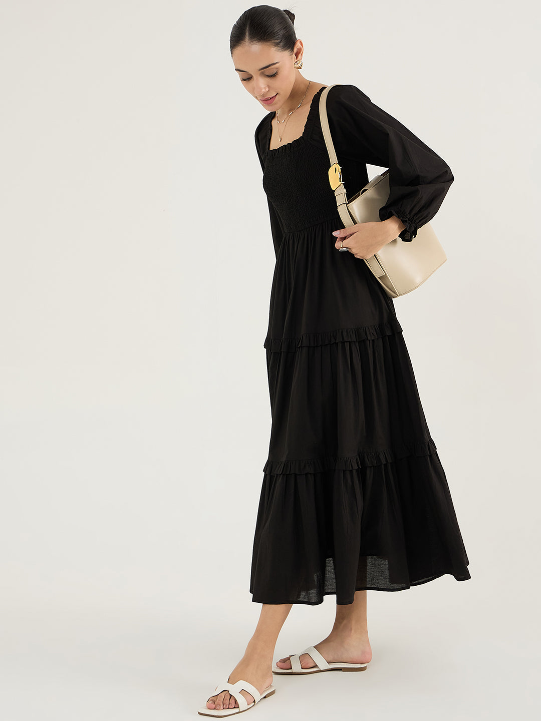 Black Cotton Smocked Maxi Dress