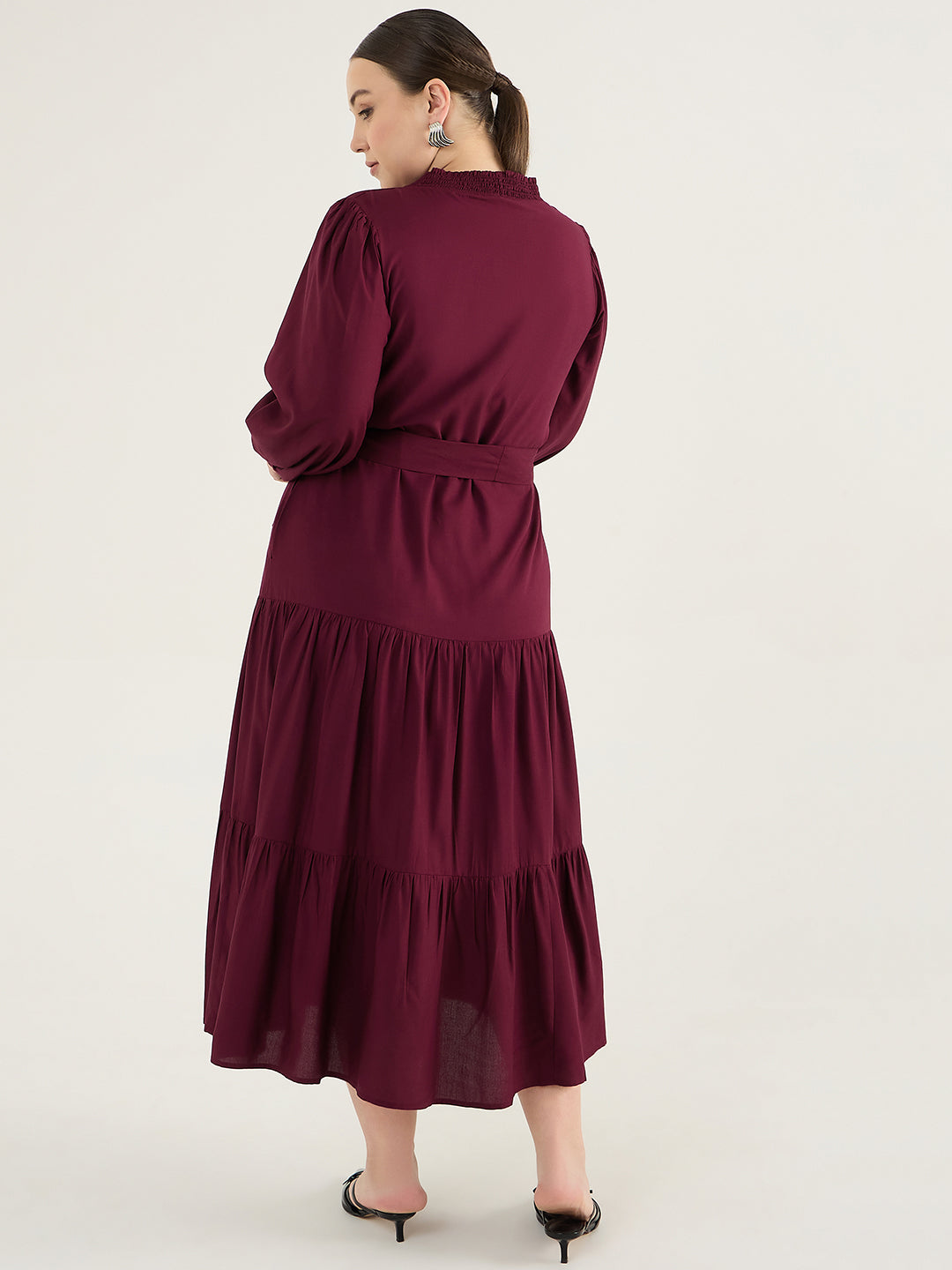 Wine Smocking Detailed Tiered Maxi Dress