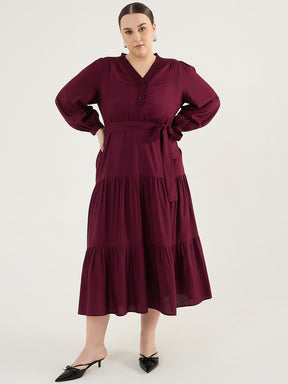 Wine Smocking Detailed Tiered Maxi Dress