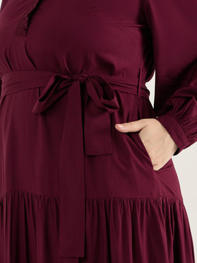 Wine Smocking Detailed Tiered Maxi Dress