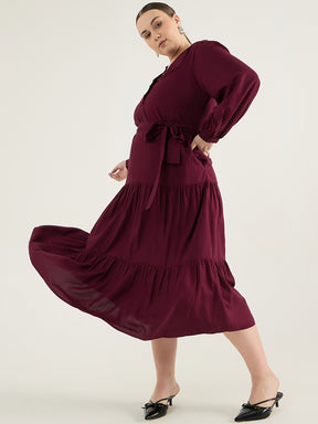 Wine Smocking Detailed Tiered Maxi Dress