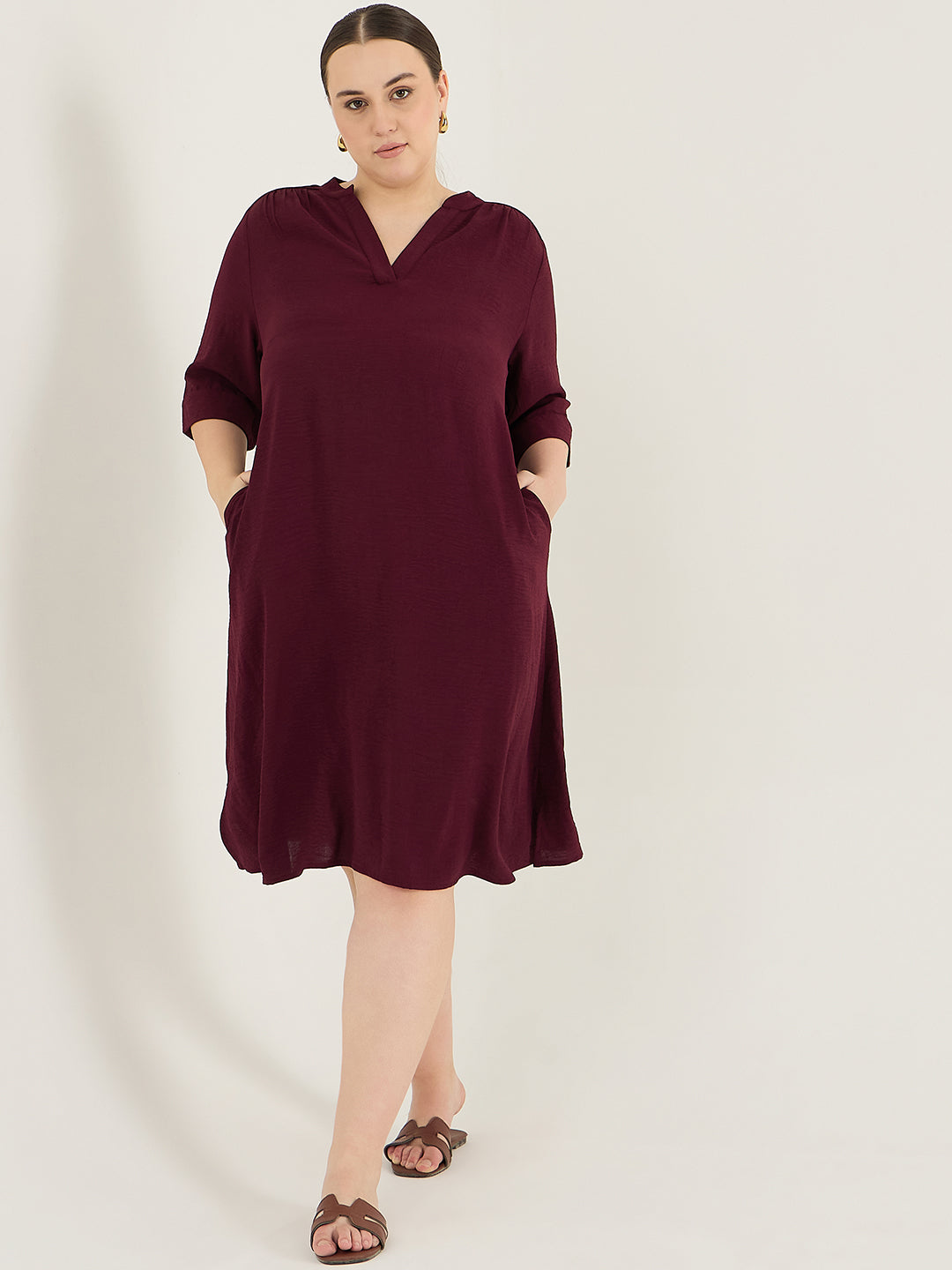 Wine Pleat Detail Midi Dress