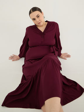 Wine Smocking Detailed Tiered Maxi Dress