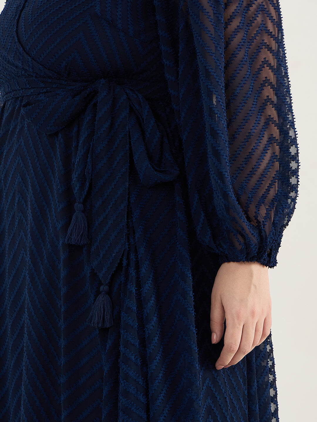 Navy Chevron Dobby Wrap Maxi Dress