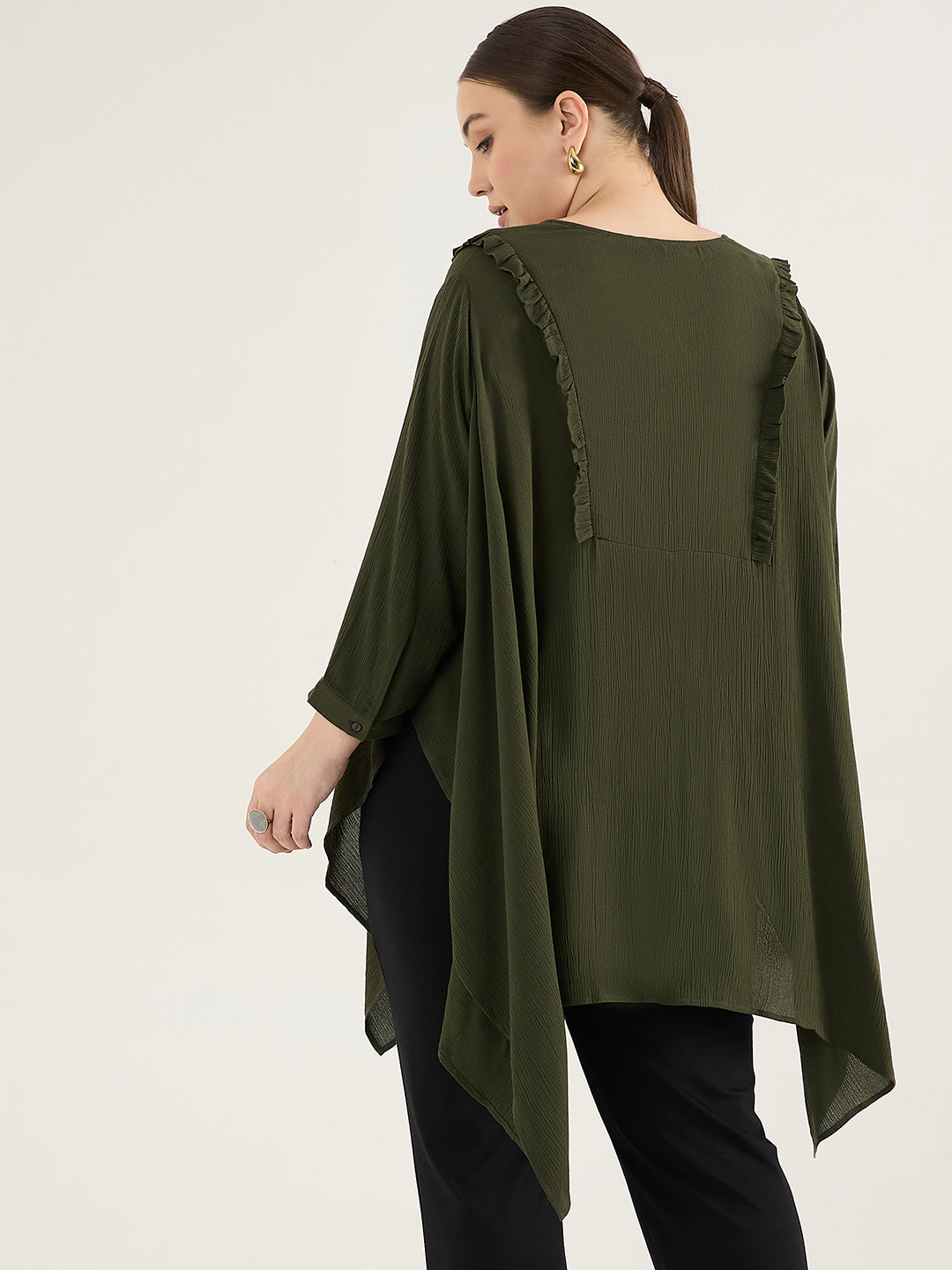 Olive Ruffle Detail Assymetric Tunic