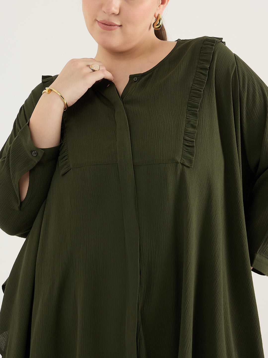 Olive Ruffle Detail Assymetric Tunic