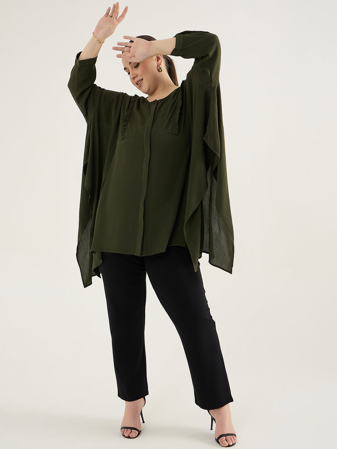 Olive Ruffle Detail Assymetric Tunic