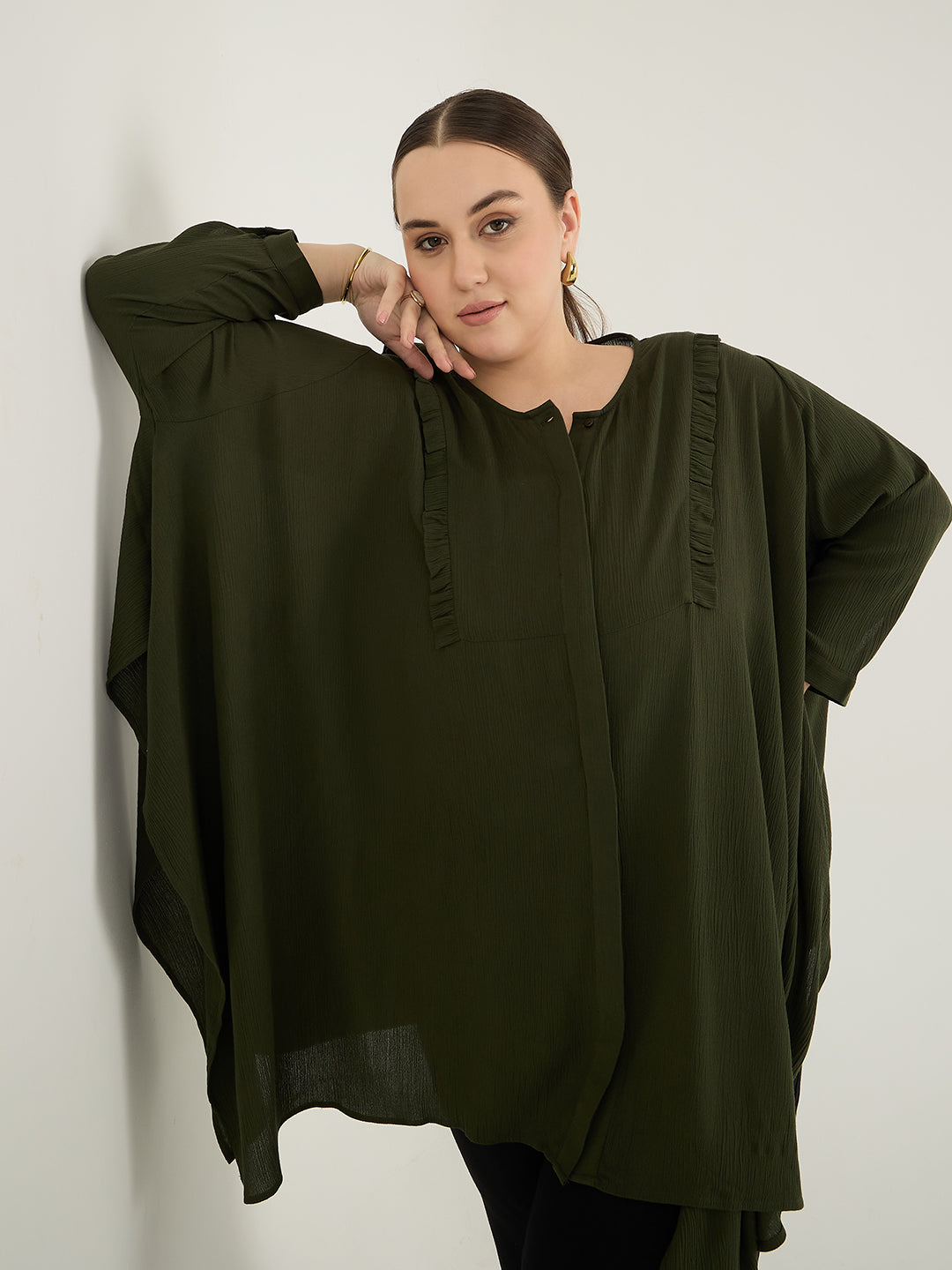 Olive Ruffle Detail Assymetric Tunic