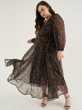 Black Leaf Print Wrap Maxi Dress