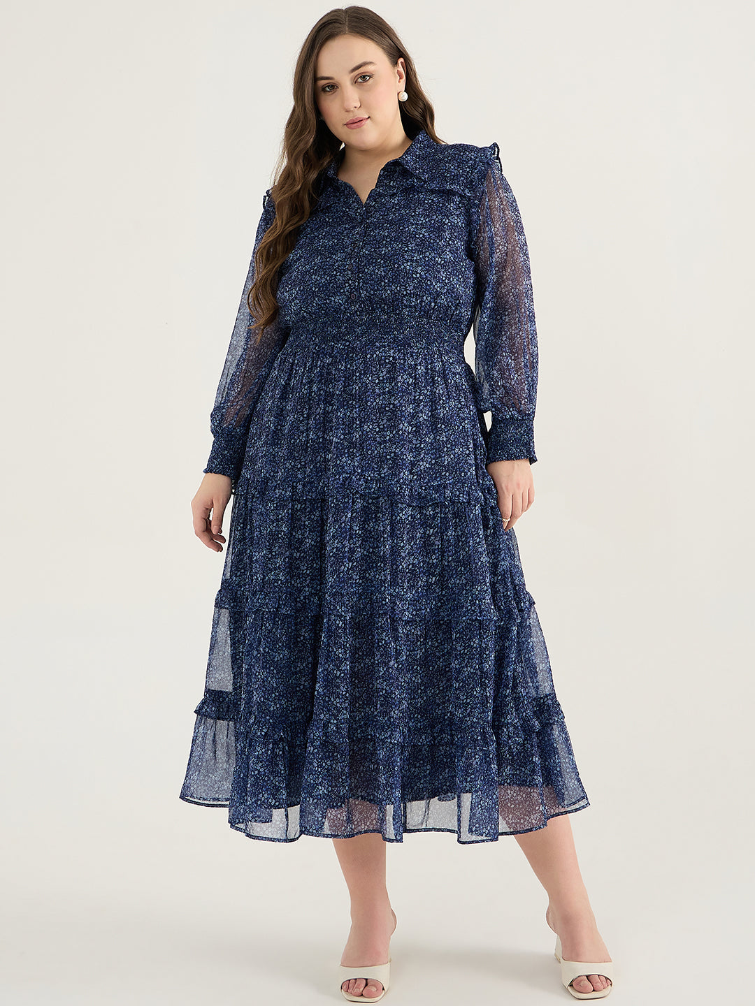 Navy Floral Print Tiered Maxi Dress