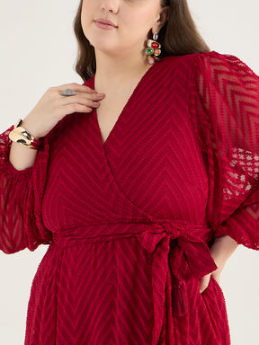 Deep Red Chevron Dobby Wrap Maxi Dress