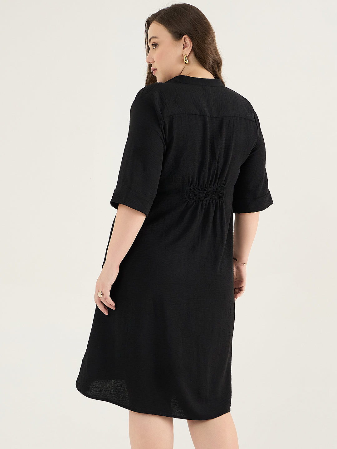 Black Pleat Detail Midi Dress