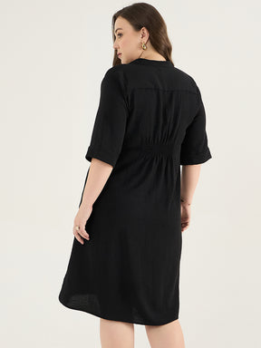 Black Pleat Detail Midi Dress