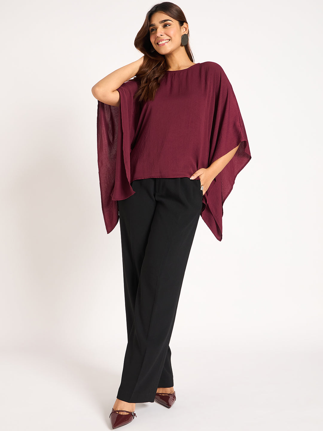 Wine Asymmetric Satin Top