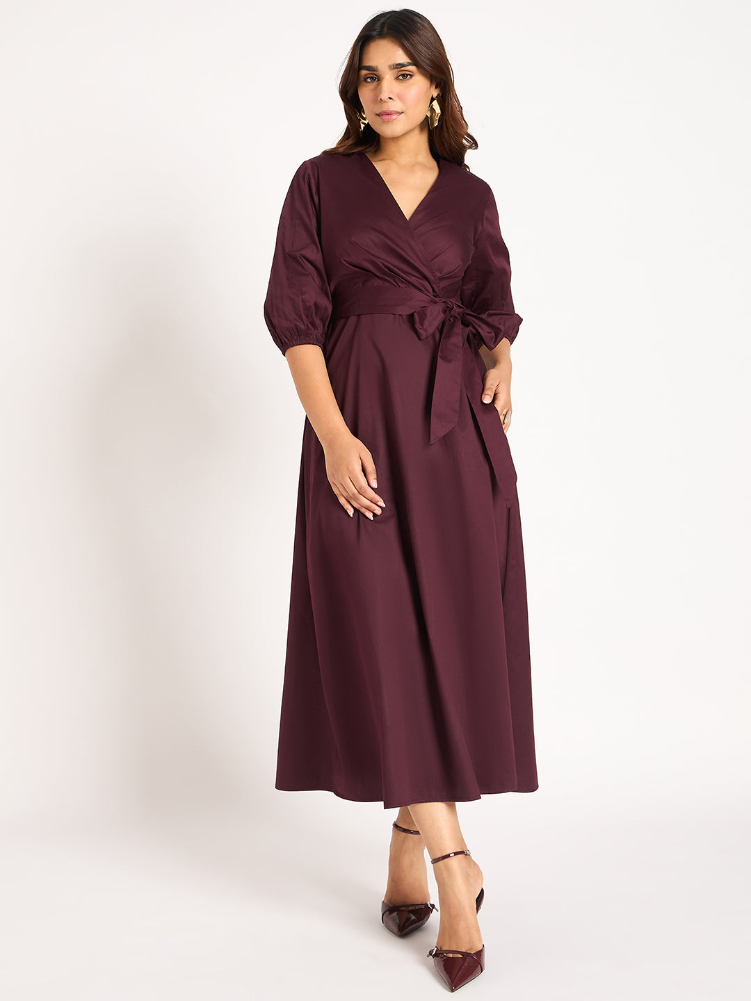 Wine Pleat Detail Wrap Maxi Dress