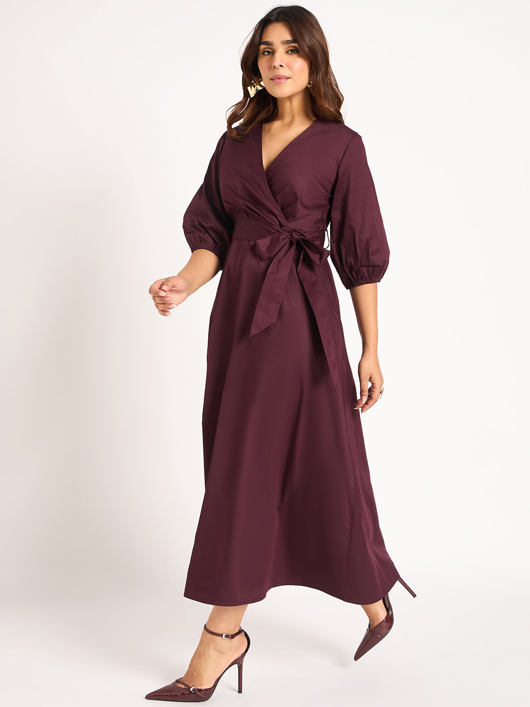 Wine Pleat Detail Wrap Maxi Dress