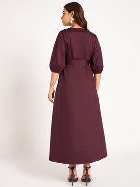 Wine Pleat Detail Wrap Maxi Dress