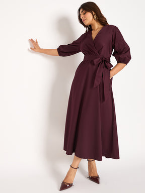 Wine Pleat Detail Wrap Maxi Dress