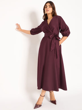 Wine Pleat Detail Wrap Maxi Dress