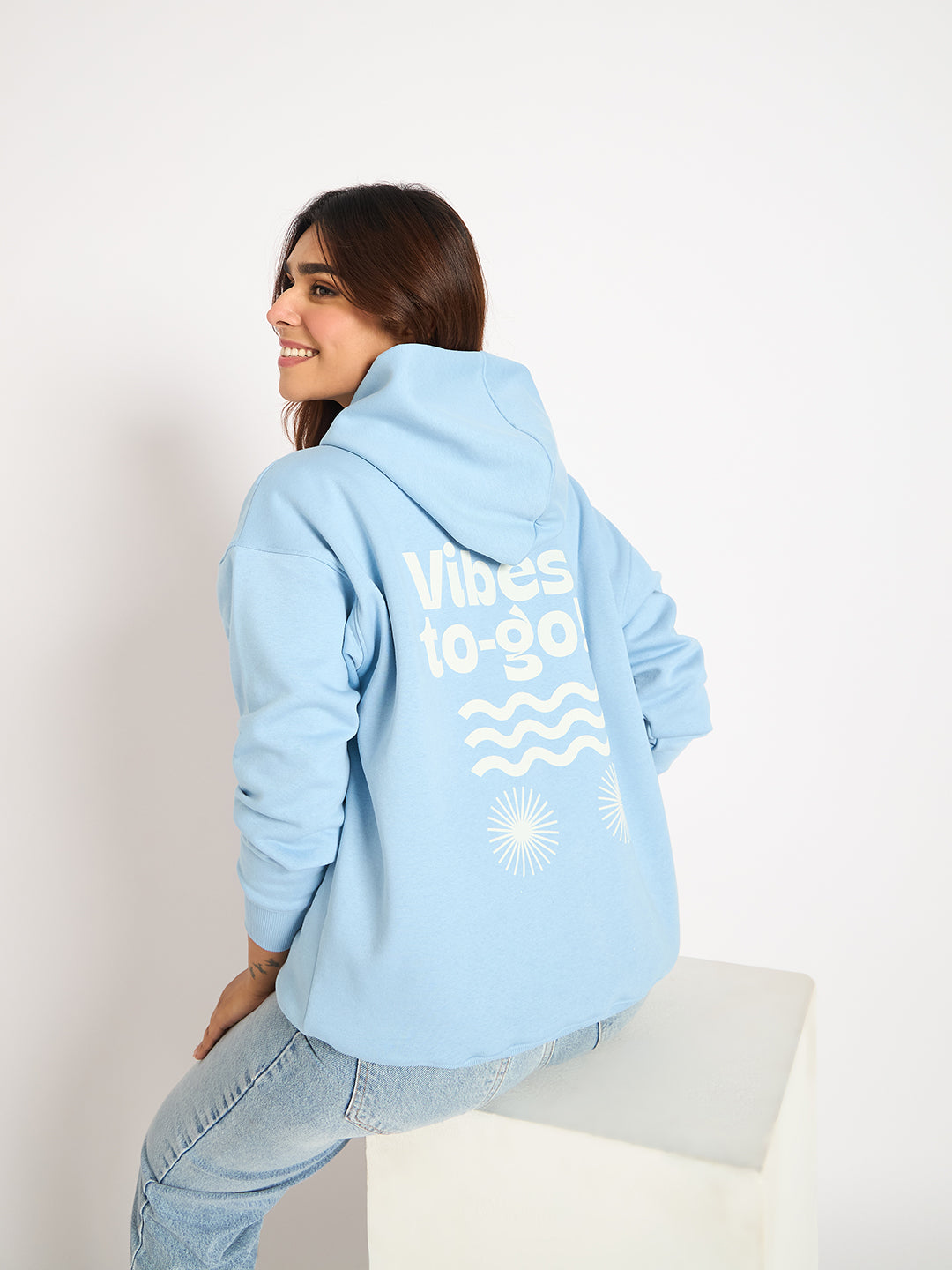 Light Blue Oversize Fleece Graphic Hoodie