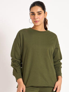 Olive Piping Detail Terry Sweatshirt