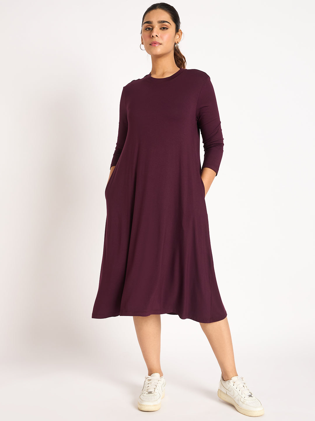 Wine Knit T-Shirt Midi Dress