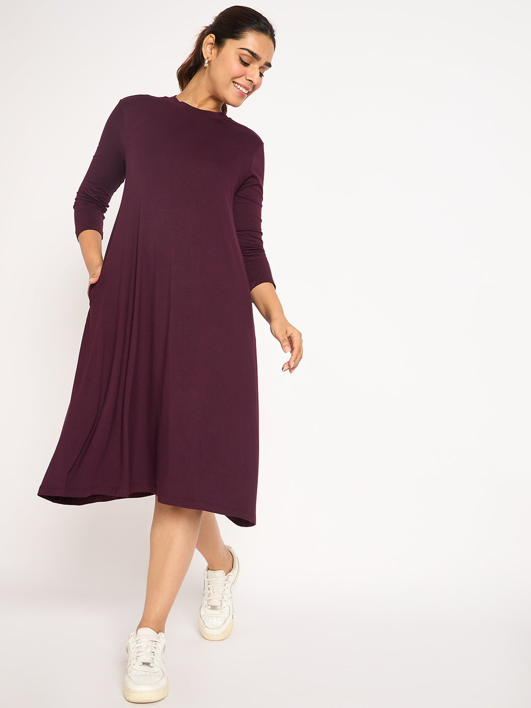 Wine Knit T-Shirt Midi Dress