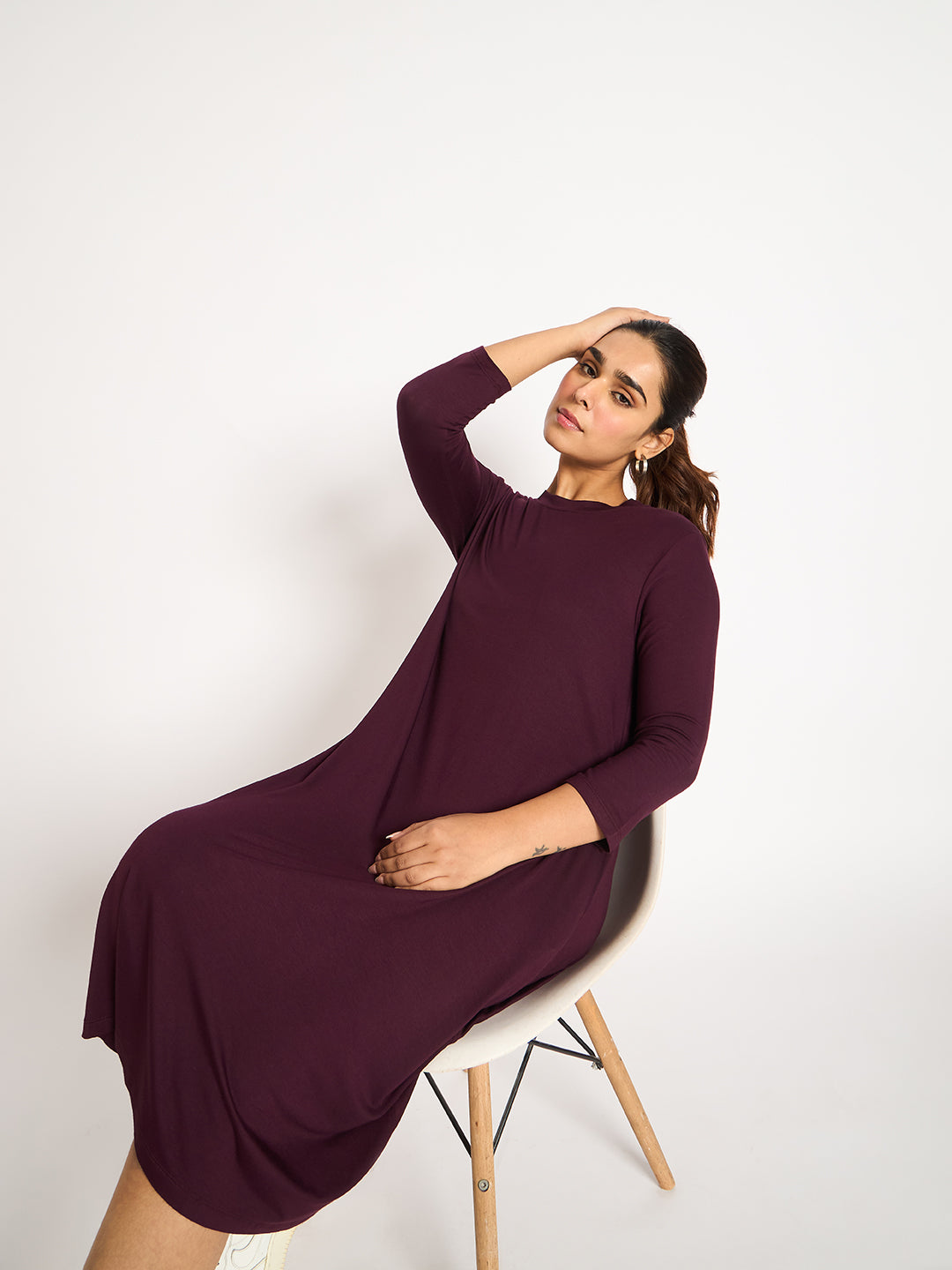 Wine Knit T-Shirt Midi Dress