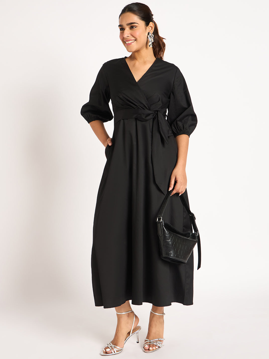 Black Pleat Detail Wrap Maxi Dress